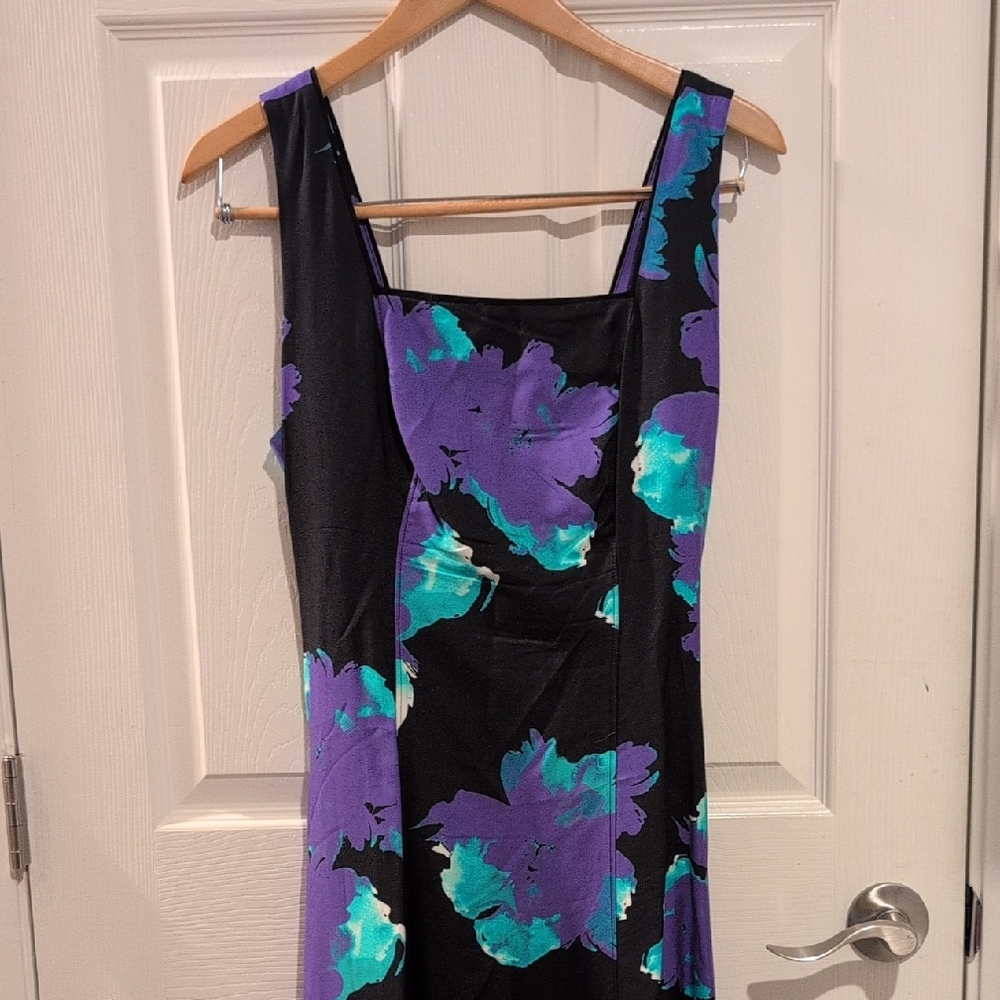 Natori Black Dress with Purple and Teal Floral Design